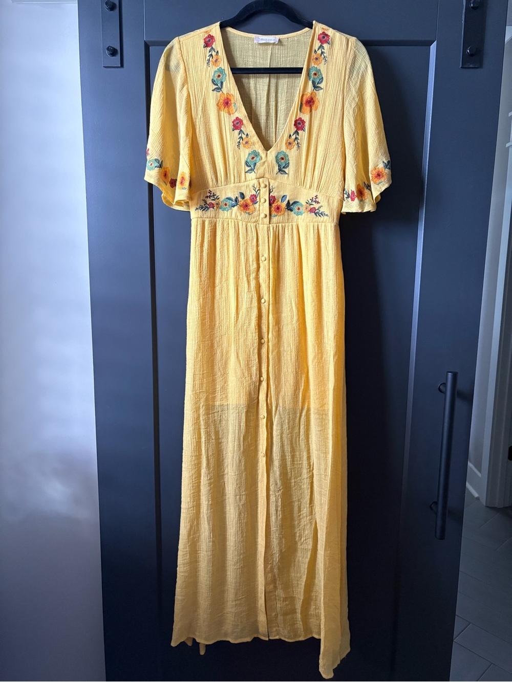 Altar'd State Yellow Embroidered V-Neck Maxi Dress